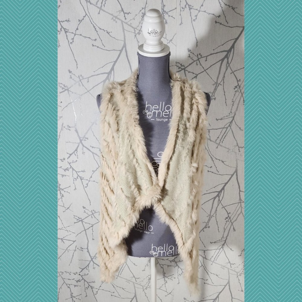 Metric Knits Ivory Rabbit Fur Stripe Open Vest Cardigan